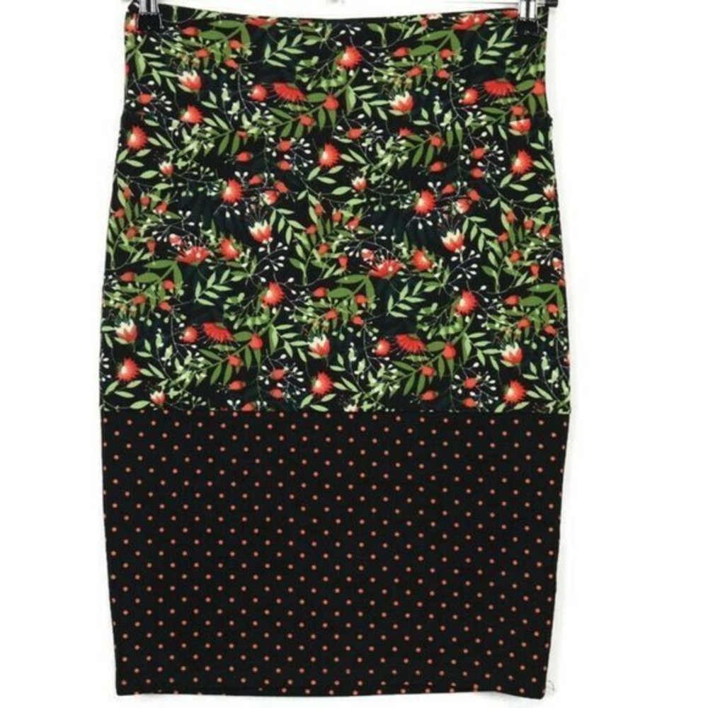 LuLaRoe Cassie Pencil Straight Skirt Black Orange Green Floral Polka Dot S Small